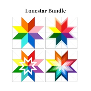 May include: Four variations of a Lone Star quilt block pattern. Each block features a star shape with eight points, made up of eight different coloured fabric pieces. The colours are red, orange, yellow, green, blue, turquoise, purple, and pink.