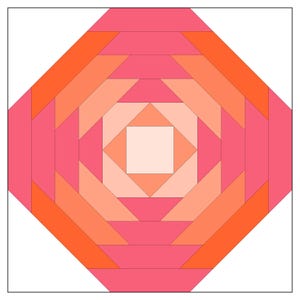 May include: A geometric quilt block with a concentric design of pink, orange and peach squares and triangles. The block is made up of 16 individual pieces.