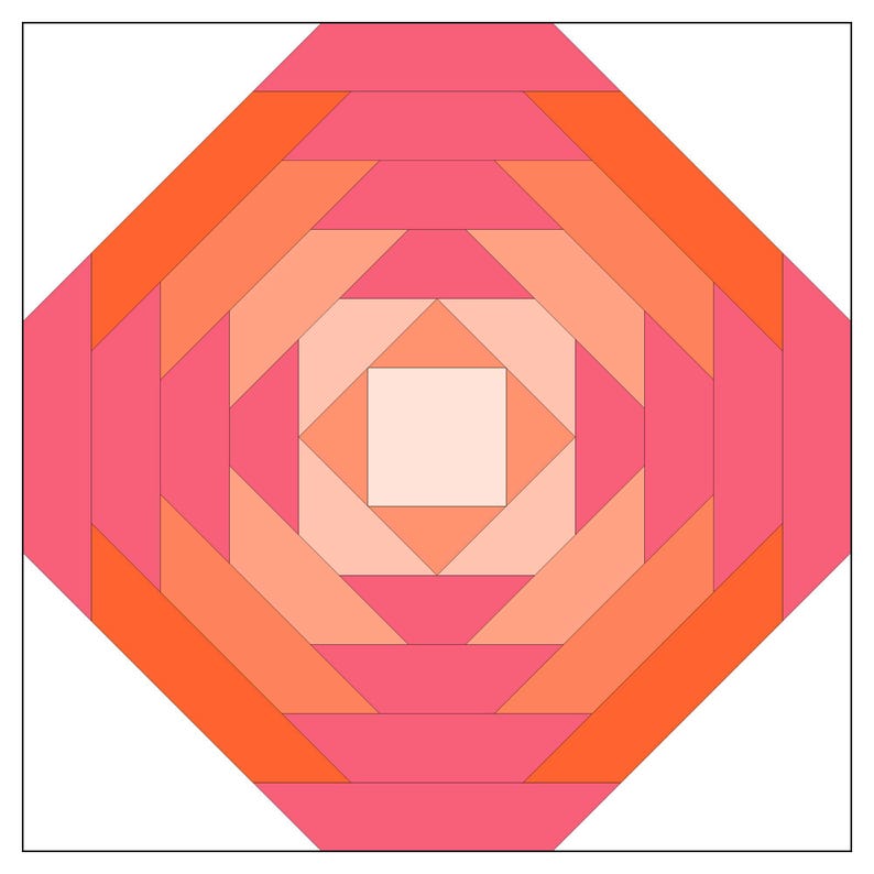 May include: A geometric quilt block with a concentric design of pink, orange and peach squares and triangles. The block is made up of 16 individual pieces.