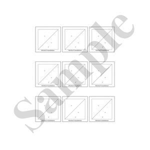 May include: Nine black and white diagrams showing different stitched foundations for quilting. Each diagram shows a square with a diagonal line and a smaller square inside.
