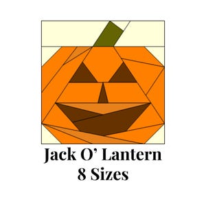 May include: A geometric illustration of a Jack O' Lantern in shades of orange, brown, and green, set against a cream background. The text "Jack O' Lantern" and "8 Sizes" are displayed below the image, indicating various size options.