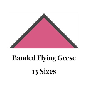 May include: A graphic featuring a pink triangle within a black-edged rectangle. Below, the text reads "Banded Flying Geese" and "13 Sizes". The design is set against a white backdrop.