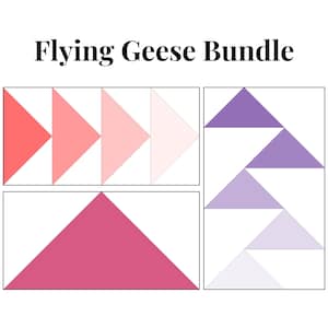 May include: Flying Geese Bundle quilt block pattern with four different color combinations: pink, red, purple, and white. The pattern is arranged in a grid with three rows and two columns.