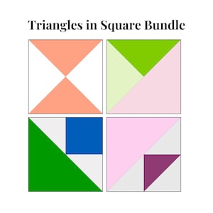 Peut inclure: Quatre blocs carrés avec des triangles de différentes couleurs à l'intérieur. Le bloc en haut à gauche a deux triangles pêche, le bloc en haut à droite a un triangle vert, le bloc en bas à gauche a un triangle vert et un carré bleu, et le bloc en bas à droite a un triangle rose et un triangle violet.