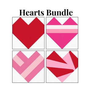 Könnte beinhalten: Vier verschiedene Herz-Patchwork-Blockmuster. Der erste Block ist ein durchgehendes rotes Herz. Der zweite Block ist ein rosa Herz mit drei horizontalen weißen Streifen. Der dritte Block ist ein rosa Herz mit diagonalen rosa und weißen Streifen. Der vierte Block ist ein rotes Herz mit diagonalen rosa und roten Streifen.