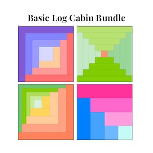 May include: Four colourful log cabin quilt block designs. Each block features a square design with concentric rectangles in various colours, including purple, green, pink, and blue. The text "Basic Log Cabin Bundle" is at the top.