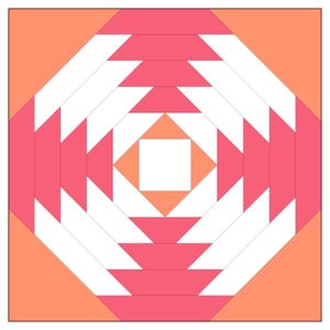 May include: A quilt block featuring a geometric design in shades of pink, white, and orange. The block is composed of triangles and squares arranged in a concentric pattern.