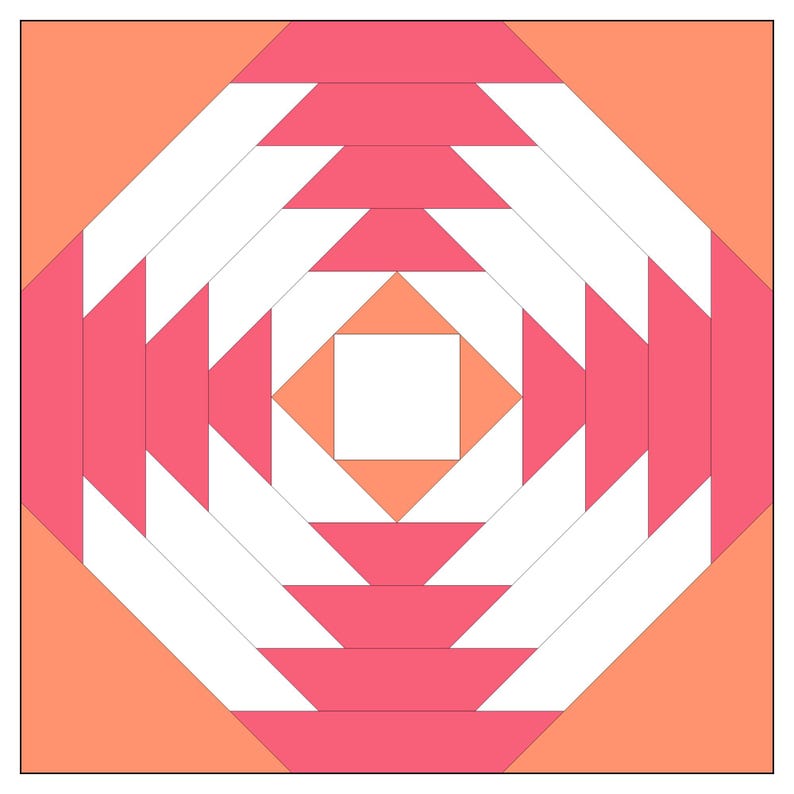 May include: A quilt block featuring a geometric design in shades of pink, white, and orange. The block is composed of triangles and squares arranged in a concentric pattern.