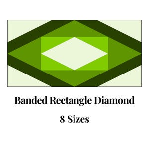 May include: A green and brown geometric pattern with a diamond shape in the centre. The text "Banded Rectangle Diamond 8 Sizes" is below the pattern.