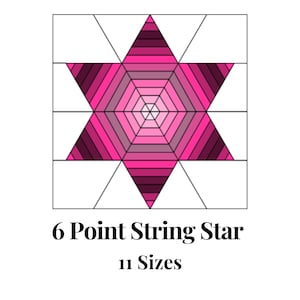 Könnte beinhalten: Ein geometrisches Design mit einem sechszackigen Stern in Rosatönen, von tiefem Magenta bis hellrosa. Der Stern ist in einem Raster aus weißen Rechtecken und Dreiecken zentriert. Der Text darunter lautet "6 Point String Star" und "11 Sizes".