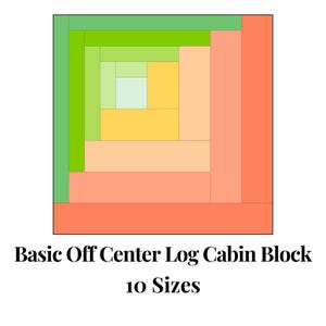 Könnte beinhalten: Ein grundlegendes, außermittiges Blockmuster für eine Blockhaus-Steppdecke mit 10 Größen. Der Block besteht aus Quadraten in Grün-, Gelb-, Orange- und Rottönen.