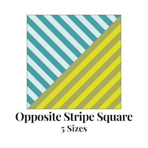 Könnte beinhalten: Ein quadratisches Design mit diagonalen Streifen in zwei Abschnitten. Ein Abschnitt zeigt hellblaue und weiße Streifen, der andere gelbe und olivgrüne Streifen. Der Text "Opposite Stripe Square" und "5 Sizes" befindet sich darunter.