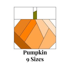 May include: A geometric pumpkin design in shades of orange, with a green stem, set against a white background. The text "Pumpkin 9 Sizes" is displayed below the pumpkin illustration. This image is suitable for fall-themed crafts.