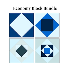 Könnte beinhalten: Vier Quiltblöcke in einem blauen, weißen und grauen Farbschema. Die Blöcke sind in einem 2x2-Raster angeordnet. Der Block oben links ist eine einfache Diamantform mit einer weißen Mitte und blauen Rändern. Der Block oben rechts hat einen blauen Diamanten mit einer dunkelblauen Mitte. Der Block unten links hat einen weißen Diamanten mit einer dunkelblauen Mitte und einem hellgrauen Rand. Der Block unten rechts hat ein hellblaues Quadrat mit einem dunkelblauen Rand und einer weißen Mitte.