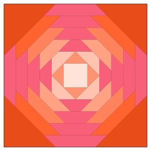 May include: A square quilt block with a concentric pattern of pink, orange and peach squares and triangles. The centre of the block is a white square.
