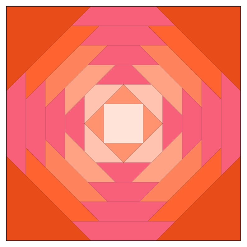 May include: A square quilt block with a concentric pattern of pink, orange and peach squares and triangles. The centre of the block is a white square.