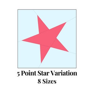May include: A geometric design featuring a red five-point star on a light blue background. The text "5 Point Star Variation" and "8 Sizes" is below the design. The image is a simple, graphic representation.