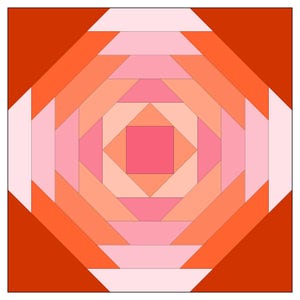 May include: A quilt block featuring a geometric design in shades of pink, orange, and red. The block is composed of squares and triangles arranged in a concentric pattern.
