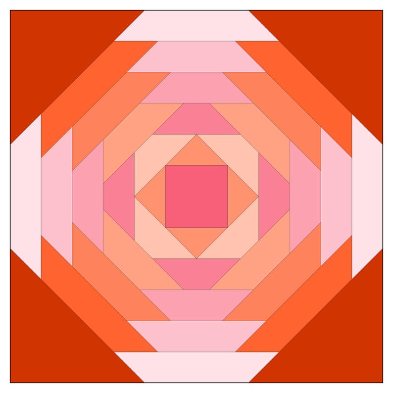 May include: A quilt block featuring a geometric design in shades of pink, orange, and red. The block is composed of squares and triangles arranged in a concentric pattern.