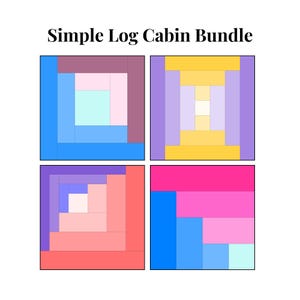 Könnte beinhalten: Vier verschiedene Log Cabin-Quiltblockmuster in einem quadratischen Layout. Die Blöcke bestehen aus Quadraten in verschiedenen Farben, darunter Rosa, Blau, Gelb, Lila und Rot.