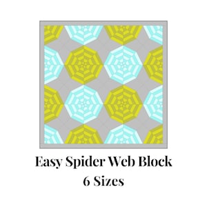 Könnte beinhalten: Ein sich wiederholendes Muster aus stilisierten Spinnennetzen in Hellblau und Gelb auf grauem Hintergrund. Der Text "Easy Spider Web Block" und "6 Sizes" stehen darunter. Geeignet für Quilten oder Stoffprojekte.