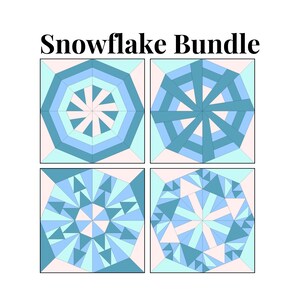 May include: A square graphic featuring four snowflake designs in shades of blue, light blue, and white, set against a pale pink background. The text "Snowflake Bundle" is at the top.