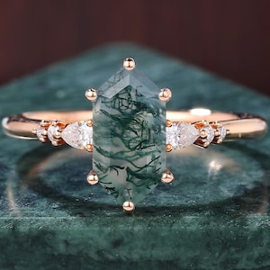 Long Hexagon Moss Agate Engagement Ring, Rose Gold Moissanite Ring