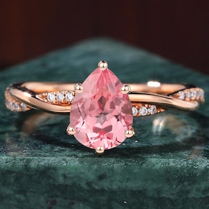Pear shape Lab Pink Sapphire engagement ring , unique diamond bridal ring, Vintage rose gold Ring Promise Ring  Anniversary Gift.