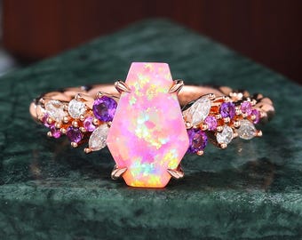 Sargförmiger Labrador Pink Opal Verlobungsring S925/10k/14k/18k Gold, einzigartiger Ring Rosé/Weiß/Gelbgold. Jubiläumsgeschenk.