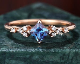 Princess Cut Labradorit Alexandrit S925/10k/14k/18k Roségold Verlobungsring. Einzigartige Naturdiamanten Braut Jahrestag Geschenk.