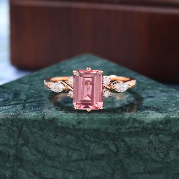 Emerald Cut Lab Pink Sapphire Engagement Ring: Vintage Rose Gold