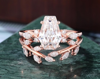 Coffin shaped Moissanite Engagement Ring Set, Unique 14k Rose Gold Moissanite Bridal Wedding Band