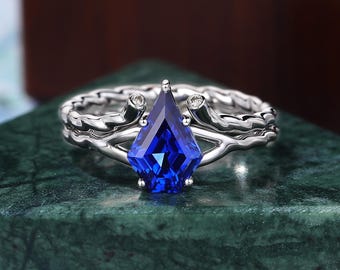 Kite Cut Lab Sapphire Engagement Ring Set, Diamond Accent Band