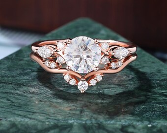 Round cut  Moissanite Engagement Ring Set, Vintage Rose Gold 1 CT Lab Diamond Wedding ring set.