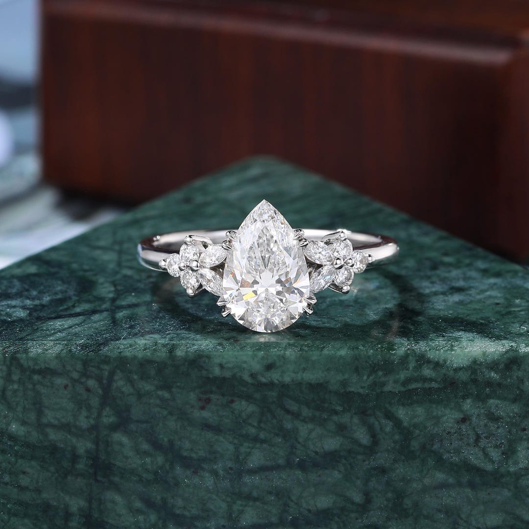 1.5 Carat Pear Lab Grown Diamond Engagement Ring: Vintage White Gold ...