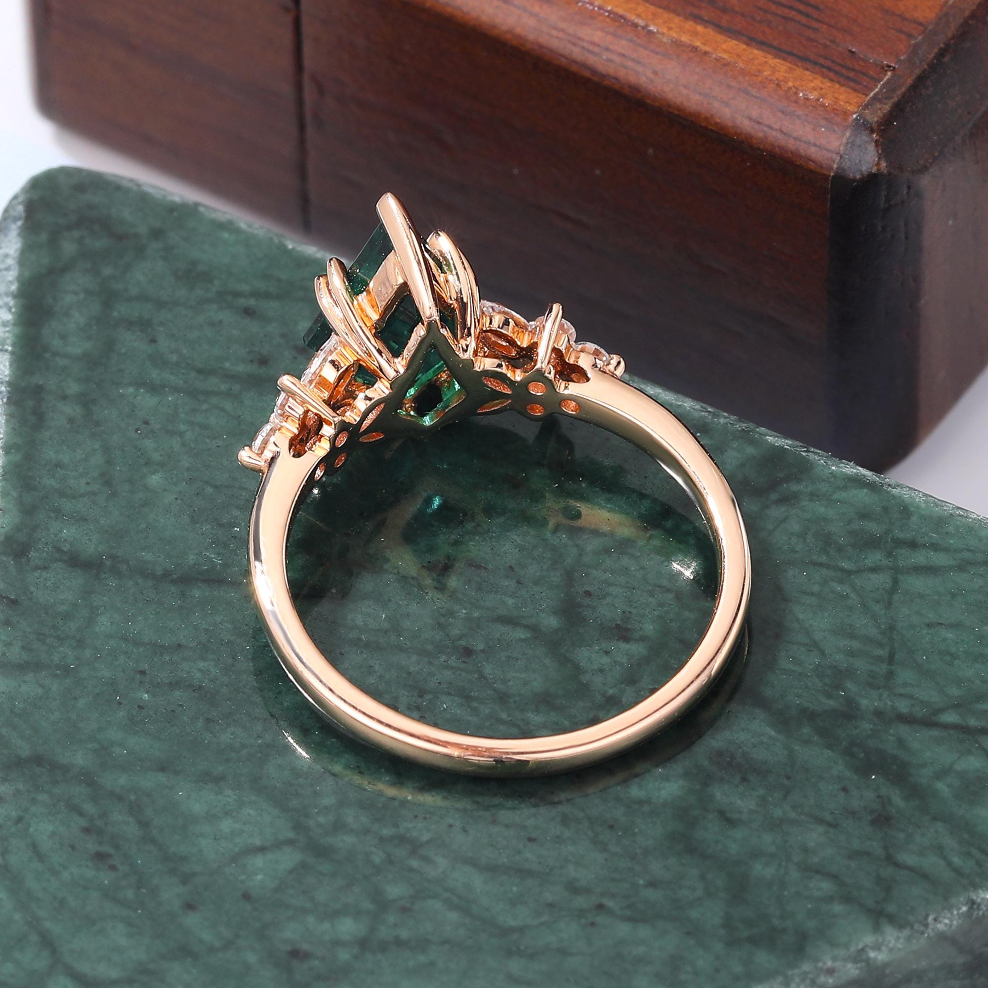 Kite Lab Emerald Engagement Ring: Moissanite Accent, 10k 14k Rose Gold ...