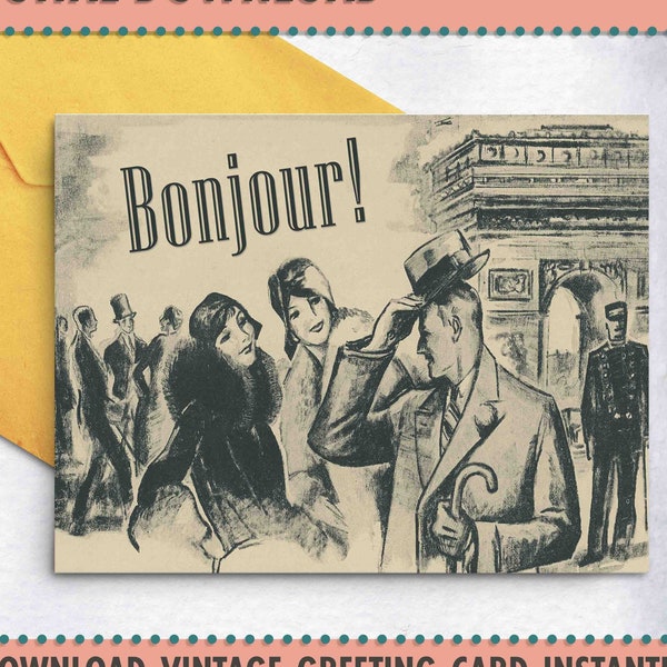 Greeting Card | Digital Download | Vintage Paris France | 5x7 | 1920s | PDF | Blank Inside