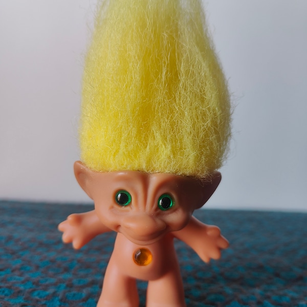 90s Vintage Jewel Belly 3 Inch Wish Troll Doll with Yellow Hair, Green Eyes, Yellow Circle Belly Jewel