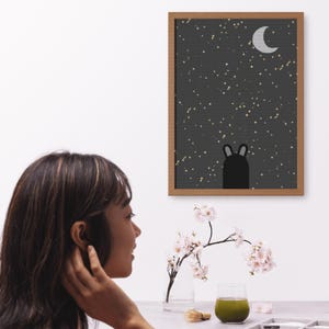 Kaninchen unter dem Sternenhimmel – Verträumtes druckbares A4-Wandposter, Schule, Kindergarten, Zuhause, Kind
