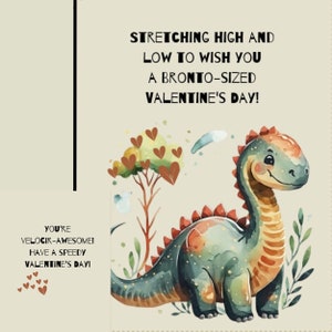 Cartões de Dia dos Namorados do Dinossauro Brontossauro para impressão para crianças - 4 por página, cartão postal frente e verso - Download instantâneo de PDF do Valentine Dino