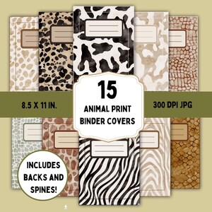 Conjunto de capa de fichário com estampa de animal - capas de fichário com estampa de animal, costas e espinhos - capa de fichário com estampa de leopardo, capa de fichário com estampa de vaca e chita
