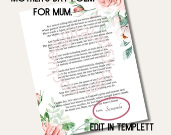 Mum Mother's Day Print Mum's Day Poetry Mum's Day Custom Poster UK Mother's (Mum's) Special Poem with English Roses & Personalized Signature