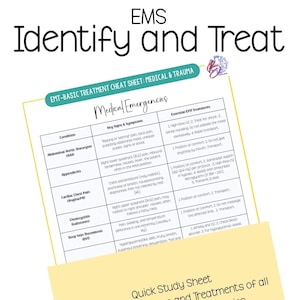 May include: A medical study sheet titled "Identify and Treat" with the text "EMT-BASIC TREATMENT CHEAT SHEET: MEDICAL & TRAUMA." It lists key signs, symptoms, and essential EMT treatments for various medical emergencies. The sheet includes a section titled "Quick Study Sheet: Signs and Symptoms and Treatments of all Basic EMT Illnesses and Injuries."