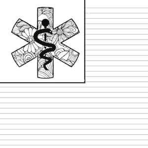 May include: A black and white illustration of the Star of Life medical symbol with a stylized snake and floral details.