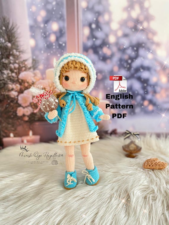 Winter doll girl in cute blue dress, Crochet Doll English Pattern,  Amigurumi Doll Sew, Amigurumi Patterns for Sewing