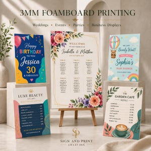 May include: A display of printed foam boards with various designs. One board says "Happy Birthday to you Jessica 30 & Fabulous!" Another is a wedding seating chart. Other boards include a baby shower announcement and a cafe menu.