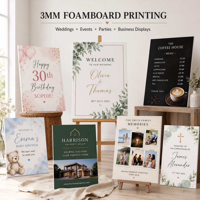 May include: A collection of 3mm foam board signs for various events. Signs include a birthday sign, wedding welcome sign, baby shower sign, real estate sign, family memories sign, and a christening sign. The signs feature text and graphics.