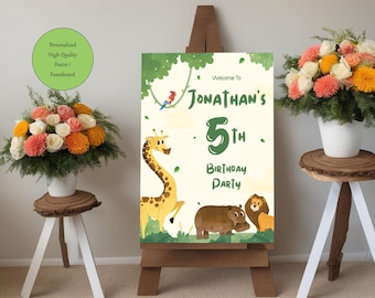 Kids Personalised Jungle Theme Birthday Party Welcome Sign with Age- Safari Decor