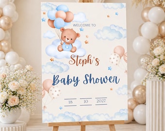 Personalised Teddy Bear Welcome Sign, Neutral Baby Shower Poster or Foamboard