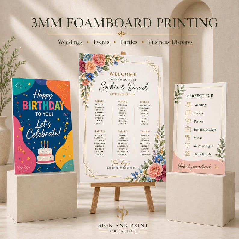 May include: Foamboard prints for weddings, events, and parties. The image shows a birthday sign, a wedding seating chart, and a sign with event options. The signs are displayed on white pedestals.